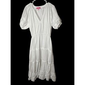 Betsey Johnson White Textured Fleck Tiered Midi Dress Puff Sleeve Womens Medium